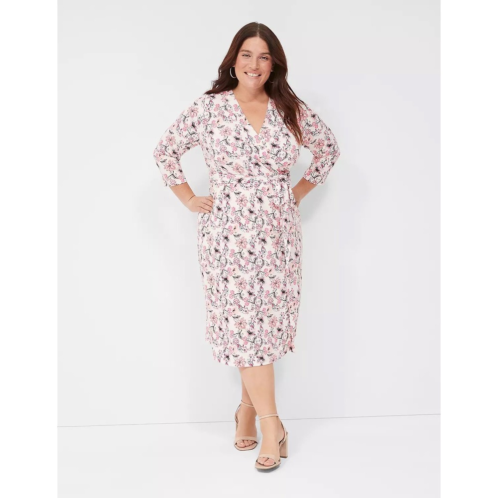 Lane Bryant Pink Floral Faux Wrap Self Tie Belt Midi Dress 3/4 Sleeve Size 18/20